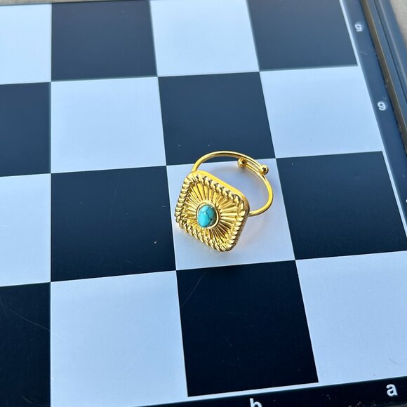 Turquoise square adjustable open ring 18K gold plated, stainless steel - Picture 4 of 4